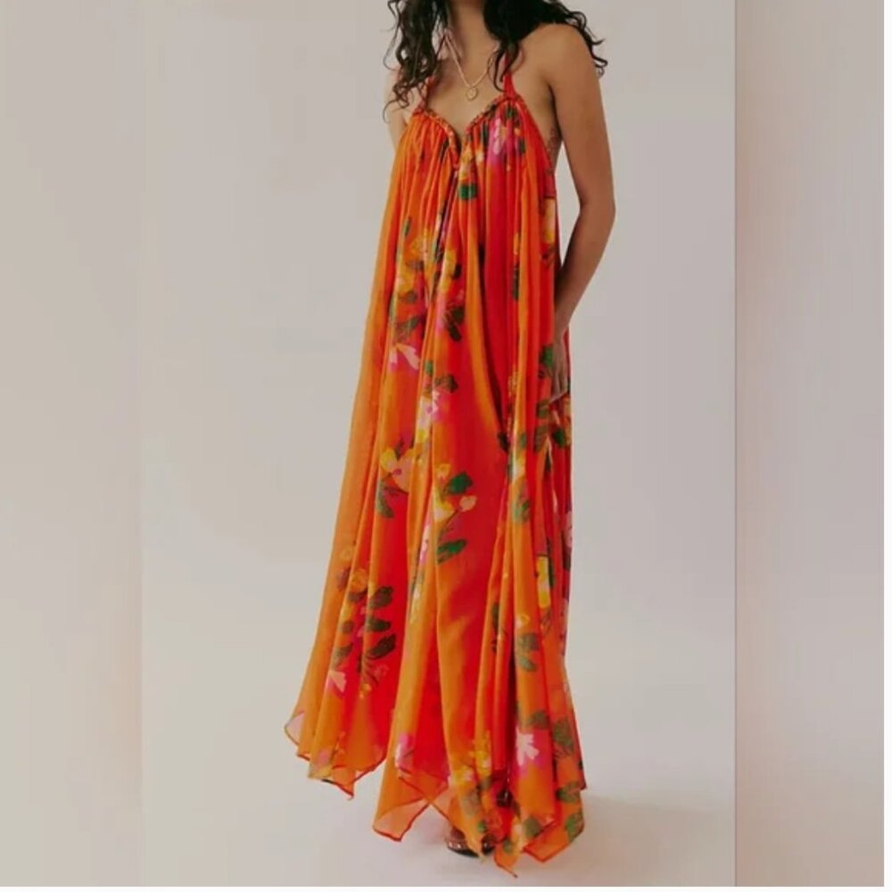 Free People Fabuloso Maxi Boho Orange Dress bodysuit size S